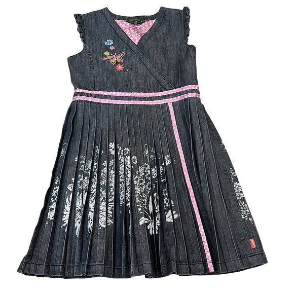 Oilily Girls 9-10 Denim Dress Floral Embroidery Butterfly Pink Accents Pleated S - Picture 5 of 13